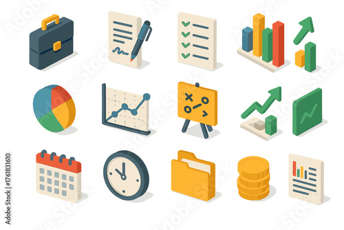 Business Index set icons in modern isometric flat vector style: briefcase, contract, checklist, bar chart, pie chart, line graph, strategy board, upward arrow, calendar, clock,