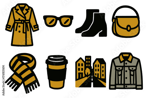 Seasonal Street Style silhouette set: trench coat, sunglasses, ankle boots, crossbody bag, scarf, coffee cup, city street, denim jacket.