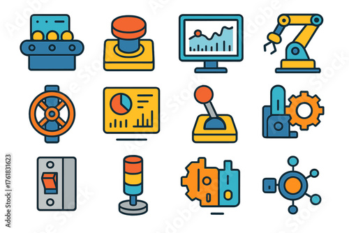 Industrial Control Set flat icons: conveyor belt control, emergency stop button, monitor screen, robotic arm, valve wheel, data dashboard, control lever, circuit breaker, status