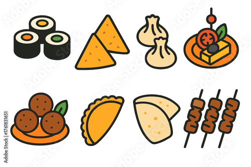 Global Appetizers flat icons: sushi rolls, samosas, dumplings, tapas plate, falafel balls, empanadas, pita bread, satay skewers.