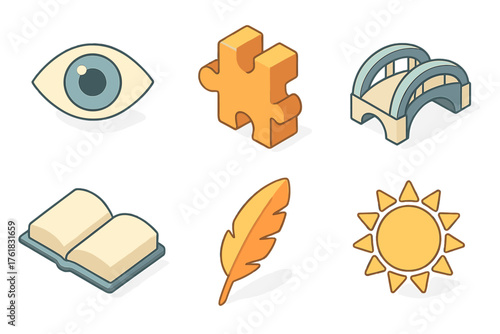 Understanding icons set icons in modern isometric flat vector style: eye, puzzle piece, bridge, open book, feather, sun.