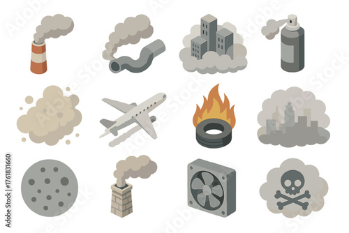 Pollution Air set icons in modern isometric flat vector style: smokestack, exhaust pipe, smoggy city skyline, aerosol spray, dust cloud, airplane trail, burning tire, haze over