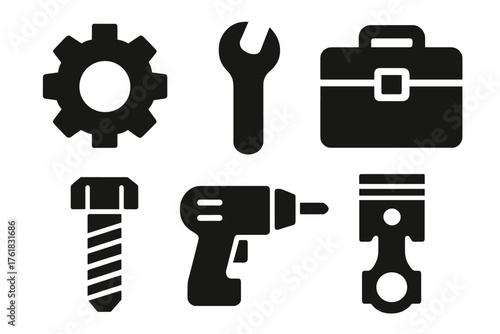 Mechanical workshop silhouette set: gear, wrench, toolbox, bolt, drill, piston.