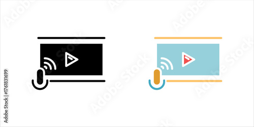 Vector illustration showing a video play button with hand click icon in black and color variations. Represents multimedia, streaming, video marketing, interface, and digital content concepts in a clea