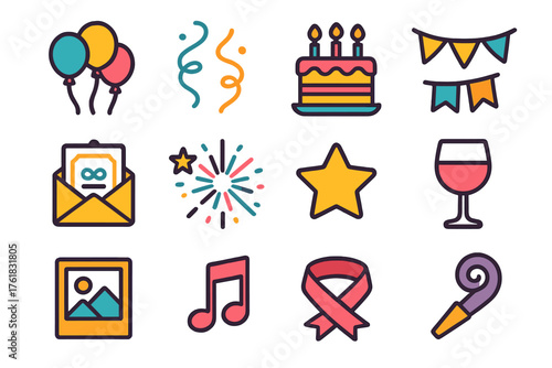 Celebration Invite Symbols flat icons: balloons, streamers, cake, banner, invitation card, fireworks, star, wine glass, photo frame, music note, ribbon, party horn.