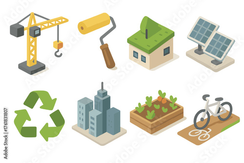 Urban Renewal set icons in modern isometric flat vector style: construction crane, paint roller, green rooftop, solar panels, recycling arrows, city skyline, community garden, bike