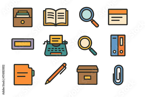 Library Index Collection flat icons: catalog drawer, open book, search icon, note card, shelf label, typewriter, magnifying glass, binder, index divider, pen, archive box, paper