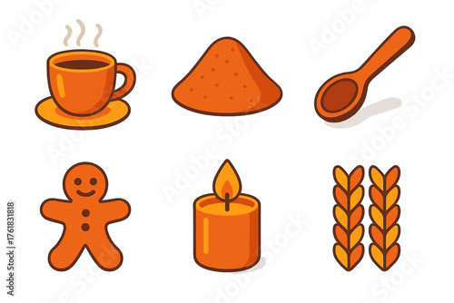 Cinnamon Comfort flat isometric set: steaming drink, spice dust, wooden spoon, gingerbread, candle flame, knit pattern.