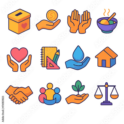 Poverty Reduction flat isometric set: charity box, hand holding coin, open palms, food bowl, heart care, school supplies, clean water, roof shelter, handshake partnership, people