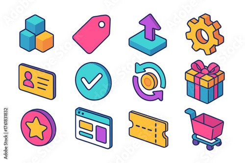Service Plans Set flat isometric set: tiered boxes, pricing tag, plan upgrade arrow, settings gear, membership card, verified check, recurring payment symbol, gift box, reward