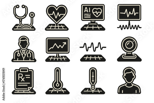 Futuristic Remote Diagnosis outline icon set: holographic stethoscope, glowing heart data, AI diagnostic screen, virtual doctor, neon chart, digital pulse wave, cyber health