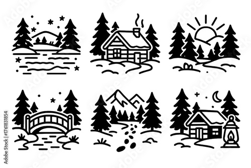 Snow Park Life Scenic Moments outline icon set: frozen lake, cabin in woods, sunrise glow, snowy bridge, distant peaks, footprints trail, lantern light, calm air.