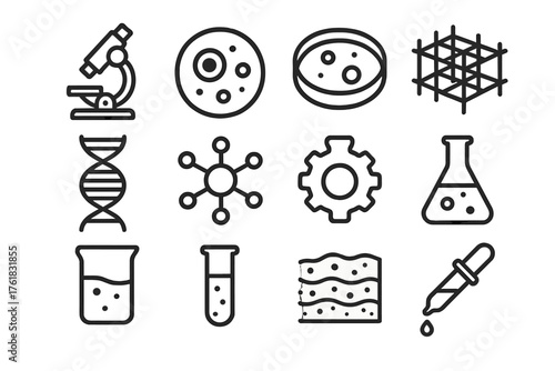 Tissue Engineering outline icon set: microscope, cell, petri dish, scaffold, DNA helix, molecule, gear, flask, beaker, test tube, tissue layer, dropper. , , High resolution, sharp