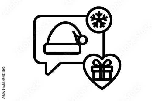 Holiday Online Interaction outline icon set: festive chat bubble, snowflake notification, gift emoji reaction, holiday