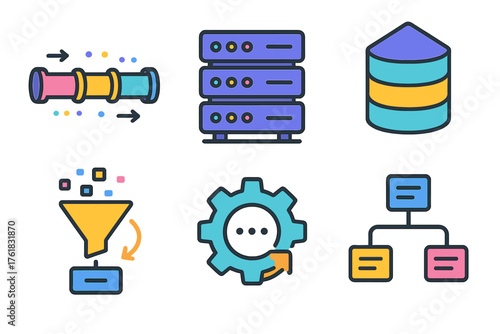 Data Engineering flat icons: pipeline flow, server rack, data warehouse, ETL icon, gear process, structured schema.