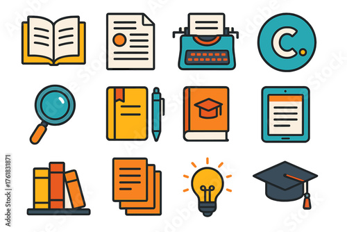 Academic Publishing flat icons: open book, research paper, typewriter, citation symbol, magnifying glass, pen and notebook, academic journal, digital tablet, bookshelf, document