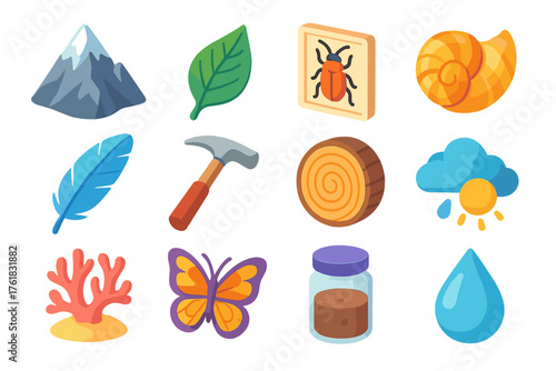 Natural Science Exploration flat isometric set: mountain peak, leaf, insect specimen, seashell, bird feather, geological hammer, tree ring, weather cloud, coral reef, butterfly,