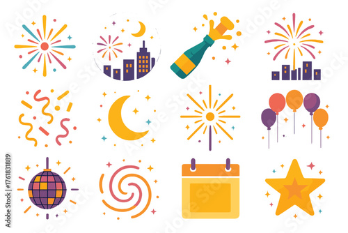 New Year Fireworks flat icons: radiant bursts, starlit night, champagne pop, skyline glow, confetti rain, sparkling moon, sparkler flare, balloon arch, disco light, glitter swirl,