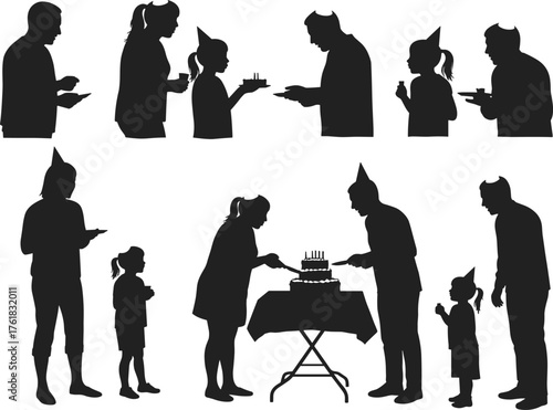 Birthday, celebration, party, cake, candles, children, adults, hats, silhouette, family, festive, gathering, eating, sharing, joy, event, table, interaction, cad drawing, flat vector illustration, bla