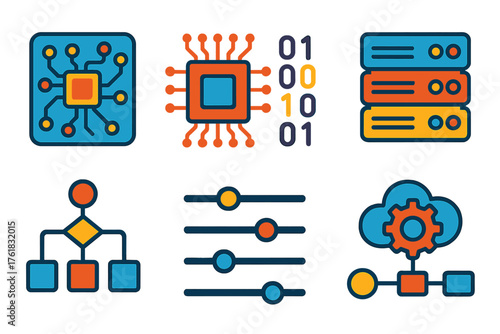 Digital mechanism flat icons: circuit board, microchip, binary flow, server stack, algorithm nodes, settings sliders, cloud gear, data pipeline.