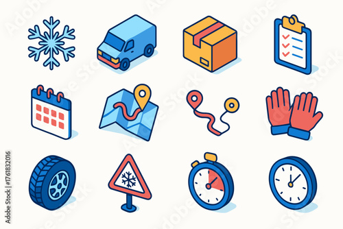 Winter Logistics flat isometric set: snowflake, delivery van, parcel box, clipboard, calendar, map, route line, gloves, tire, road sign, stopwatch, clock.