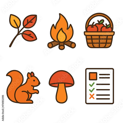 Fall Quiz flat icons: tree branch, bonfire, basket of apples, squirrel, mushroom, quiz sheet.