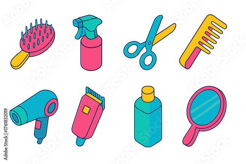 Hair Styling flat isometric set: hairbrush, spray bottle, scissors, comb, hairdryer, clipper, shampoo, mirror.