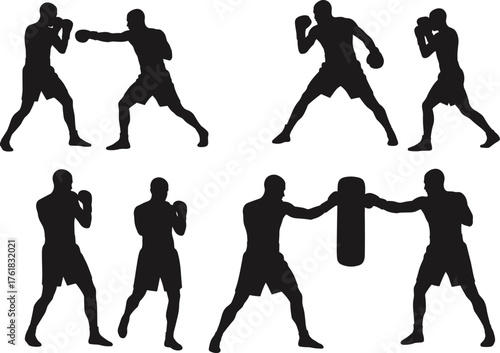 Boxing, silhouette, punch, guard, stance, training, athlete, motion, action, pose, gesture, sport, black, vector, illustration, flat, cad, drawing, technique, sparring, fitness, strength.eps