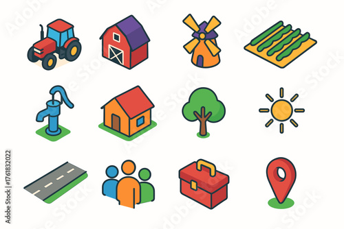 Rural Development flat isometric set: tractor, barn, windmill, crop field, water pump, house, tree, sun rays, road, people group, toolbox, map pin.