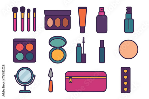 Professional Makeup Kit flat icons: brushes set, contour palette, concealer tube, setting spray, eyeshadow, highlighter compact, brow gel, powder puff, makeup mirror, palette knife