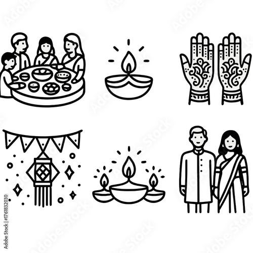 Diwali Family Celebration outline icon set: shared meal, glowing lamps, henna hands, colorful decor, candles, festive clothing. , , High resolution, sharp vector-like appearance,