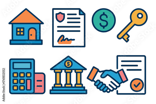 Mortgage flat icons: house, contract, dollar sign, key, calculator, bank, document, handshake.