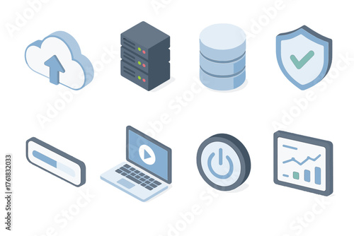 IT Disaster Recovery set icons in modern isometric flat vector style: cloud backup, server rack, database cylinder, shield with check, progress bar, laptop screen, power button,