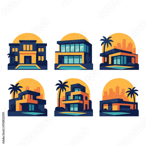 Premium Architecture flat icons: mansion icon, glass facade, modern villa, swimming pool, palm tree, skyline.