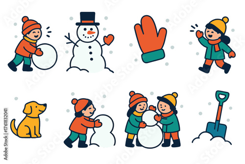 Christmas Snowman Family Fun flat icons: kids building snowman, mitten hands, snow pile, laughter bubbles, pet nearby, sled, snow shovel, smiling faces.