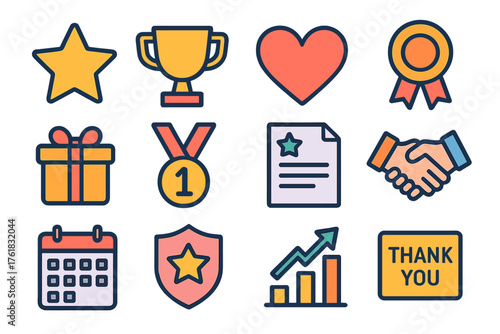 Loyalty and Recognition flat icons: star, trophy, heart, ribbon, gift box, medal, document, handshake, calendar, badge, chart, thank you note.