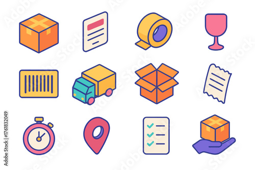 Parcel flat isometric set: cardboard box, shipping label, tape roll, fragile icon, barcode, truck, open parcel, receipt, stopwatch, map pin, checklist, hand package.