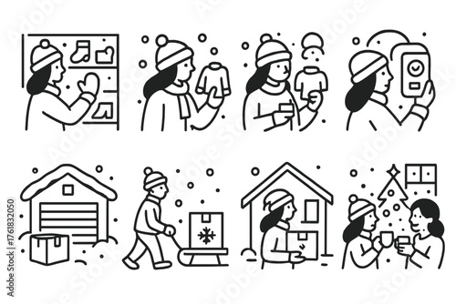 Winter Retail Experience outline icon set: browsing products, comparing items, checking out, tracking order, snowy warehouse, courier sleigh, home arrival, cozy celebration.