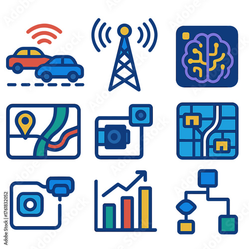 Smart Traffic Systems flat icons: connected cars, signal tower, AI brain, route map, traffic data, camera icon, flow chart, city grid. , , High resolution, sharp vector-like
