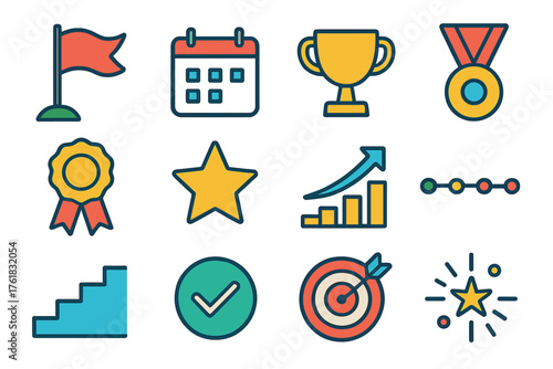 Milestones flat icons: goal flag, calendar, trophy cup, medal, ribbon, star, progress arrow, timeline, stairs, checkmark, target, celebration spark.