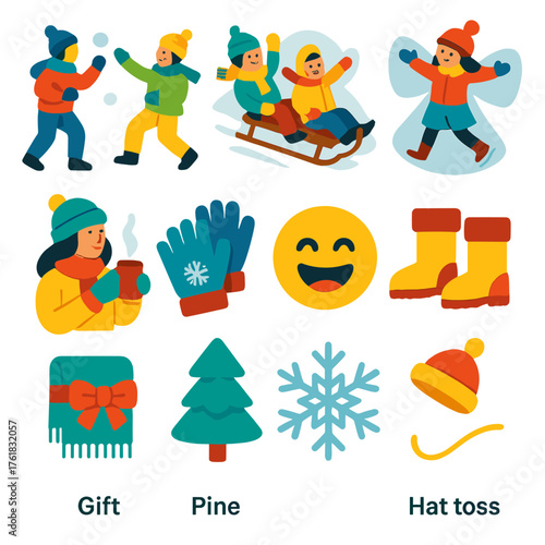 Holiday Sports Family Fun flat icons: snowball fight, sled race, snow angel, ice rink, cocoa break, wool gloves, laughter icon, warm boots, gift scarf, pine tree, snowflake, hat