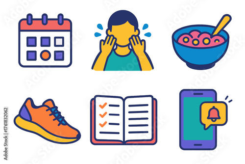 Daily Habits flat icons: calendar, morning routine, breakfast bowl, running shoes, planner, phone reminder. , , High resolution, sharp vector-like appearance, ideal for UI and web