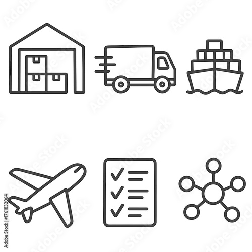 Supply Chain Network set of icons in doodle hand-drawn vector style: warehouse icon, transport line, ship cargo, airplane, inventory list, network nodes.