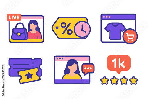 E-Commerce Live Interaction flat icons: live shopping showcase, limited-time deal banner, product demo overlay, instant buy button, viewer count badge, promo code reveal,