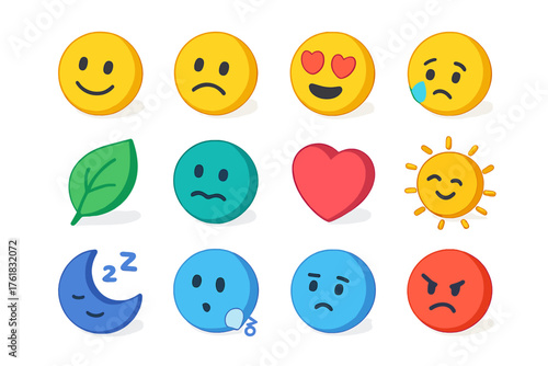 Emotions flat isometric set: smiling face, frown, heart eyes, crying face, surprised emoji, calm leaf, anxious swirl, love heart, joyful sun, sleepy moon, thoughtful bubble, angry