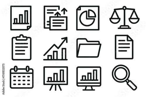Benchmark Reports outline icon set: bar graph, comparison lines, pie chart, scale balance, clipboard, upward arrow, folder, document, magnifying glass, calendar, chart bar, screen.