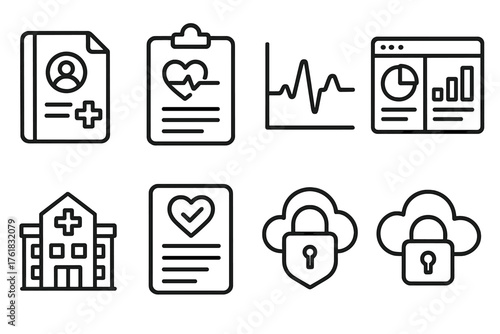 Health Data outline icon set: medical record file, patient chart icon, heart rate graph, data analytics dashboard, hospital database, wellness report card, secure health cloud,