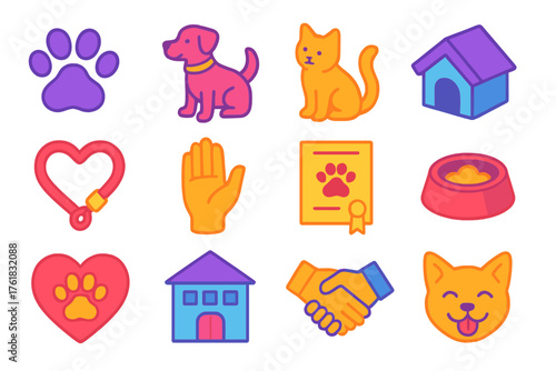 Animal Adoption Icons flat isometric set: paw print, dog, cat, pet house, heart leash, volunteer hand, adoption certificate, food bowl, heart paw, shelter building, handshake,