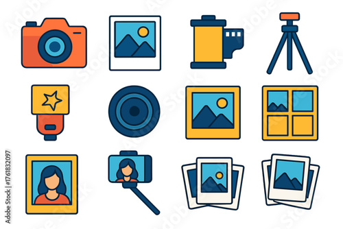 Photography snapshot flat icons: camera, instant photo, film roll, tripod, flash, lens, photo frame, gallery grid, mountain photo, portrait, selfie stick, polaroid stack.