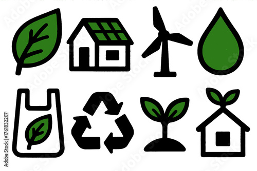 Eco Living silhouette set: green leaf, solar roof, windmill, water drop, reusable bag, recycling arrows, plant sprout, eco home. , , High resolution, sharp vector-like appearance,